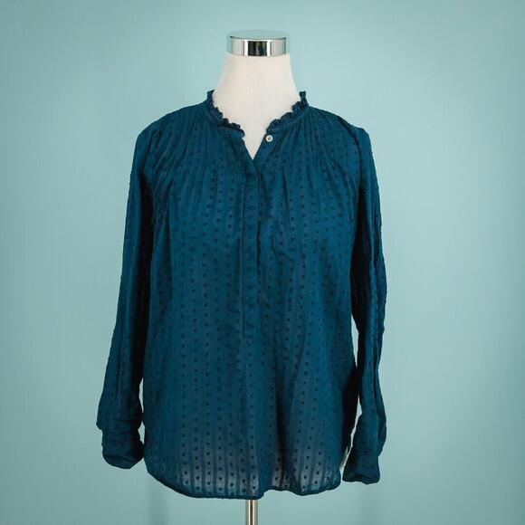 Point Sur Tops - Point Sur Size 4 Blue Swiss Dot Textured Ruffle Button Popover Long Sleeve Top